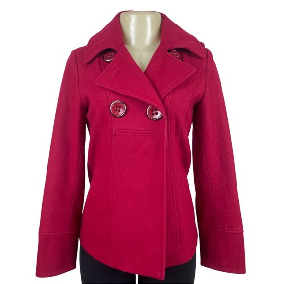 Guess Jeans Womens Red Hooded Peacoat Jacket With Button Accents & Pockets Sz XS - Picture 1 of 10